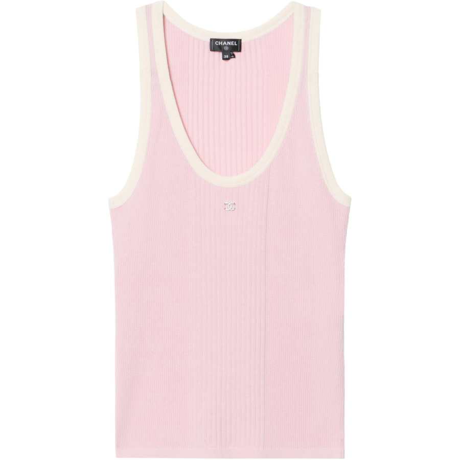 CHANEL Tank Tops Women's Pink Crew Neck Moderate Straight Fit