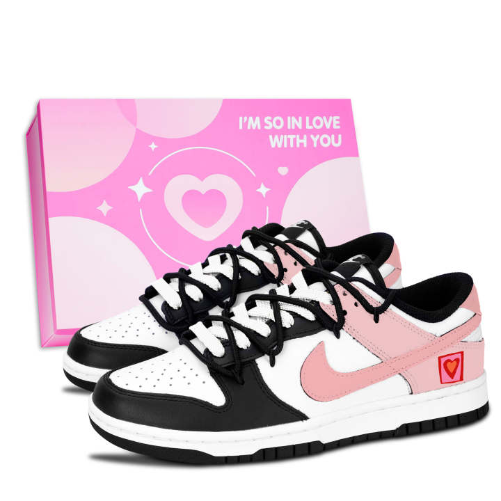 Nike Nike Dunk Black White, Pink Heart Sweet Trend Leather Slip Resistant Abrasion Resistant