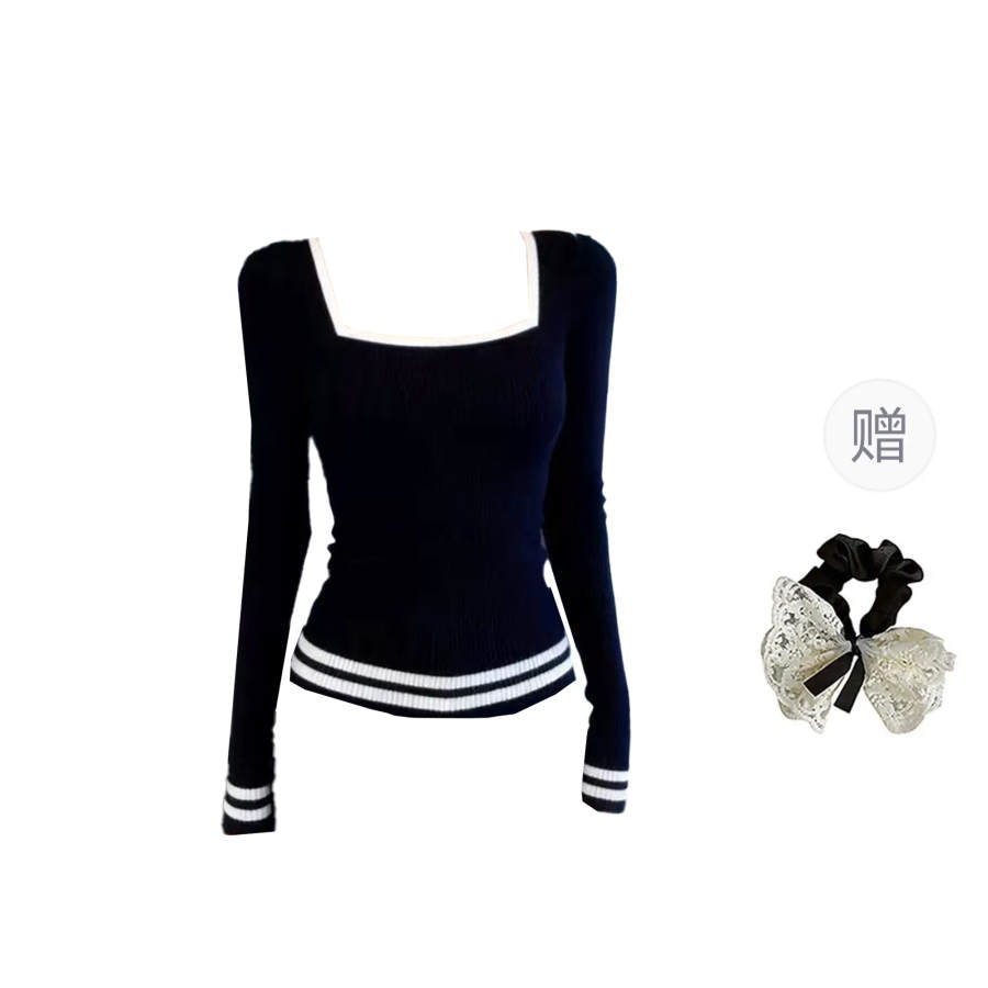 CPAURA Knitwear Women's Black+Hair Tie Comes With Square Collar Moderate Base Layer