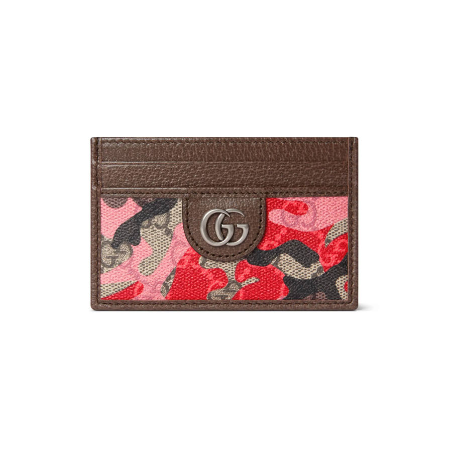 GUCCI GG Monogram Coated Fabric With Leather Card Holder Women's Pink & Brown
