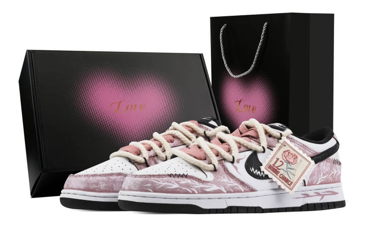 Nike Nike Dunk Pink Rose Postcard 2 Heart Box Leather Slip Resistant Abrasion Resistant Low top Skateboard Shoes Pink White