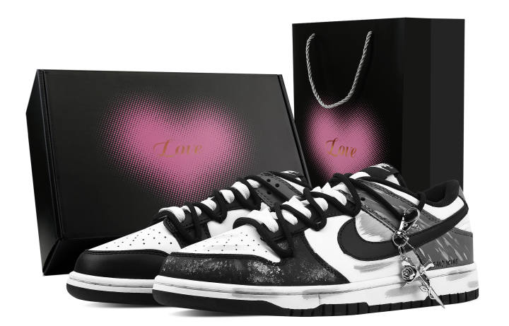 Nike Nike Dunk Ink Tide Rose 2 Heart Box Leather Slip Resistant Abrasion Resistant Low top Skateboard Shoes Black Gray Kids'