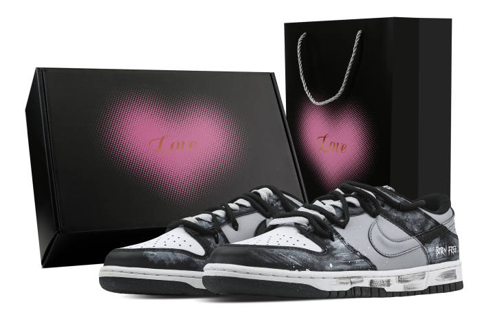 Nike Nike Dunk Ink Freedom 2 Heart Box Leather Slip Resistant Abrasion Resistant Low top Skateboard Shoes Black Gray Kids'