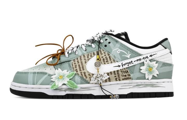 Nike Nike Dunk Soft Green Floral Trail 2 Leather Slip Resistant Abrasion Resistant Low top Skateboard Shoes Cyan Kids'