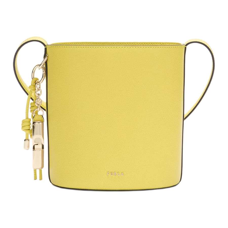 Furla Textured Leather Bucket Bag, Shoulder Bag Medium Women's Mudec Yellow