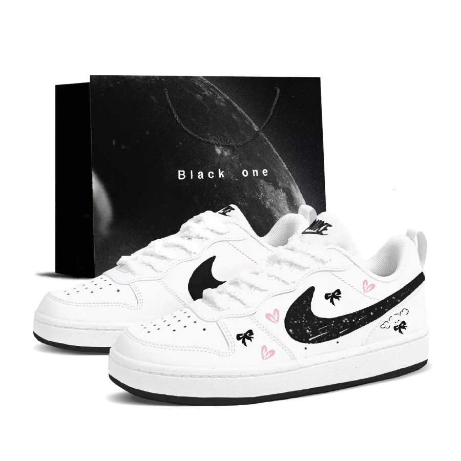 Nike Nike Court Borough Sweetie Cute Drawing, Shopping Bag Leather Low top Kids' Skateboarding Shoes Black White Teenagers
