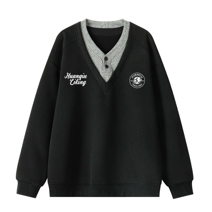 HUANQIU Sweatshirts Unisex V Neck Moderate Mock Two Piece