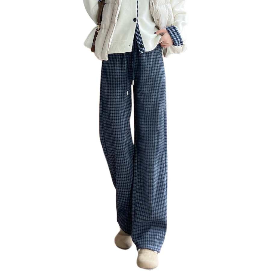 BALENO Casual Pants Women's Blue Gray Plaid Thickened And Fleece Lined Wide Leg Pants