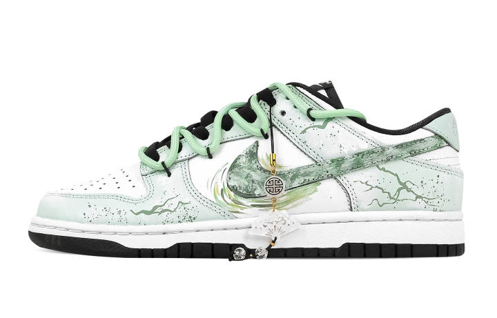 Nike Nike Dunk Ink Painted Teal Fan 2 Leather Slip Resistant Abrasion Resistant Low top Skateboard Shoes White Green Kids'