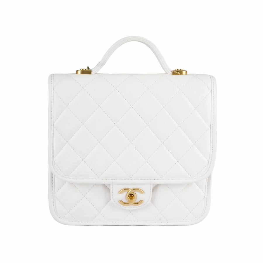 CHANEL Grain Cow Leather Material Gold Metal Backpack Women's White