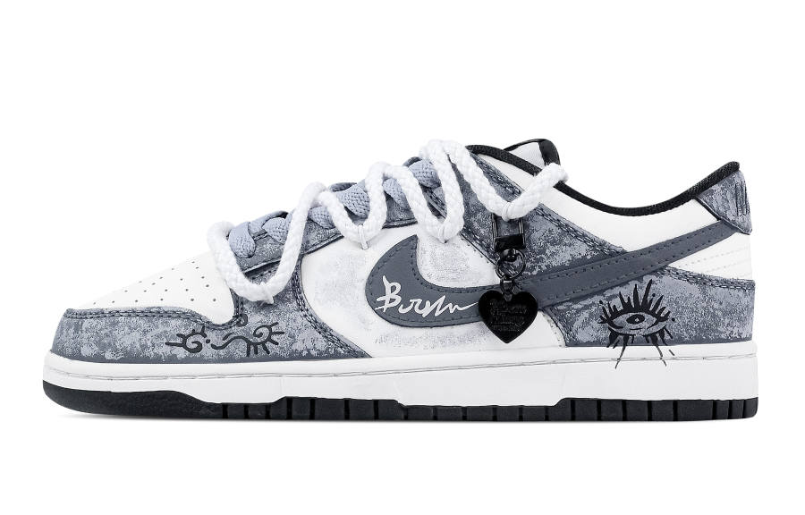 Nike Nike Dunk One Eyed Hip Hop 2 Leather Slip Resistant Abrasion Resistant Low top Skateboard Shoes Gray White Kids'