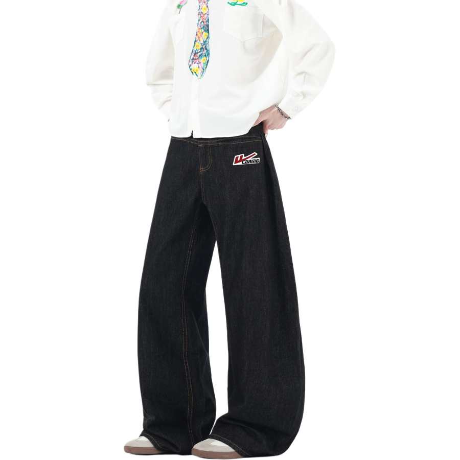 WARRIOR Jeans Unisex Black DIY Badge Moderate Straight Fit Pants