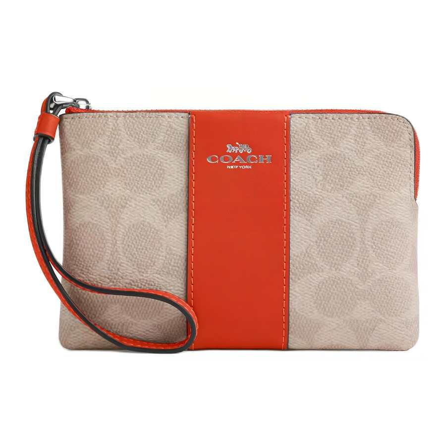 COACH Corner Zip Coated Canvas With Leather Clutch Small Women's Sand & Dark Orange