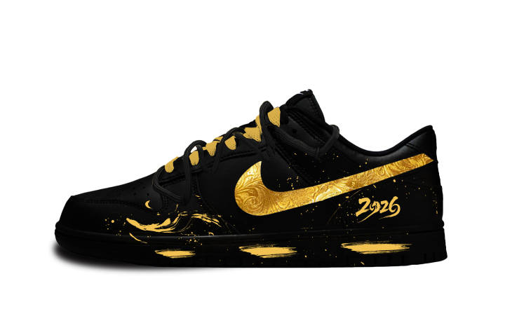 Nike Nike Dunk Black Gold Shiny Pattern Leather Slip Resistant Abrasion Resistant Low top Skateboard Shoes Unisex
