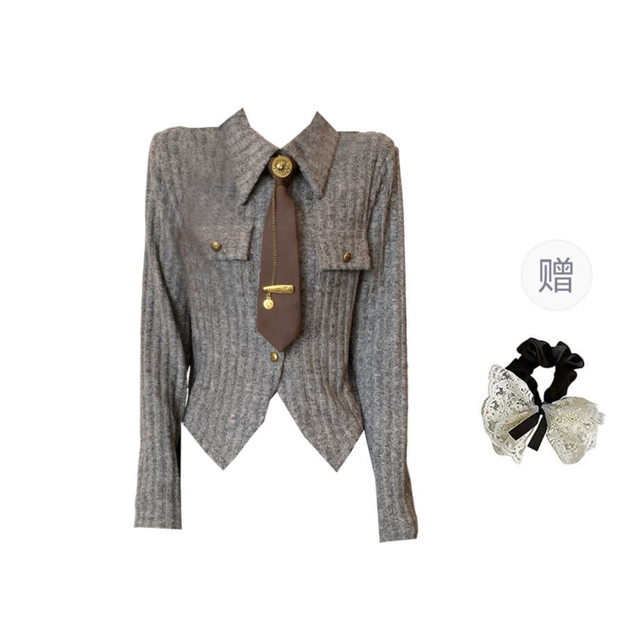 CPAURA Knitwear Women's Gray+Hair Tie Included Lapel Moderate Cardigan