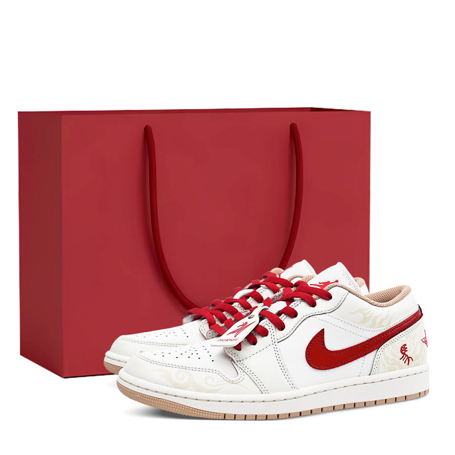 Jordan Jordan Air Jordan 1 Low Sail Cinnabar, Horse Year, Shopping Bag Leather Abrasion Resistant Low top
