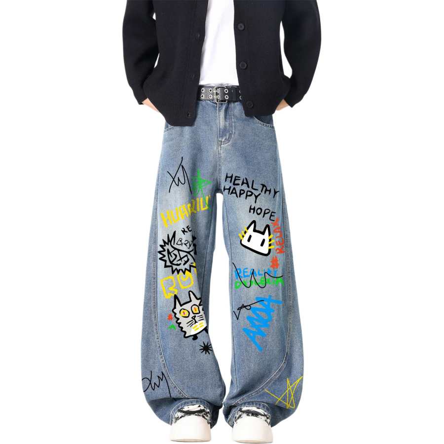 HUANQIU Jeans Unisex Moderate Scimitar Pants