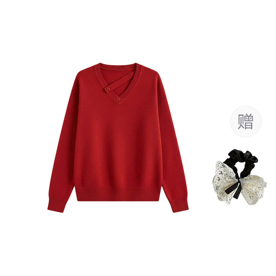 CPAURA Knitwear Women's Red Comes With Hair Tie Crew Neck Moderate Base Layer