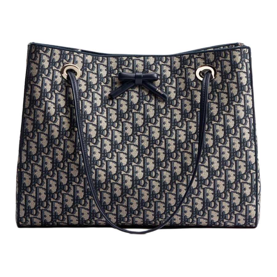 DIOR Cotton With Cow Leather Tote Bag, Shopping Bag, Shoulder Bag Medium Women's Blue