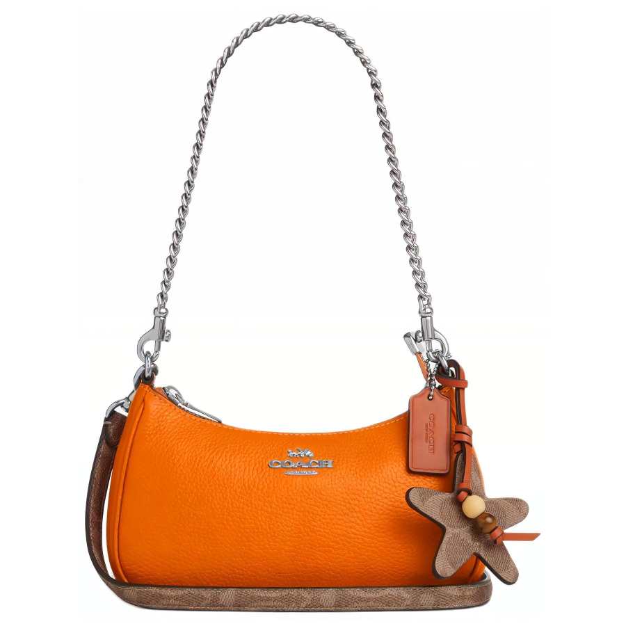 COACH Teri Selected Pebbled Leather With Print Coated Canvas Crossbody Bag, Shoulder Bag Small Women's Orange