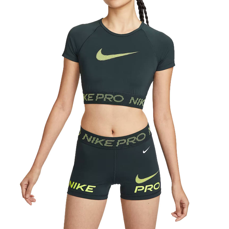 Nike Nike Pro Crop Tops Women's Seaweed Green/Light Lemon/White Crew Neck Moderate