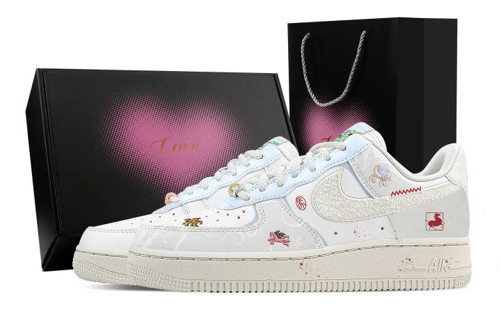 Nike Nike Air Force 1 Galloping Horse Dreams, Heart Box Breathable Low top Skateboard Shoes Women's Gray Blue
