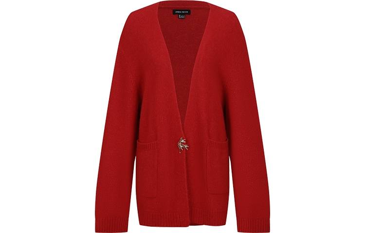 URBAN REVIVO Knitwear Women's Red V Neck Moderate Cardigan