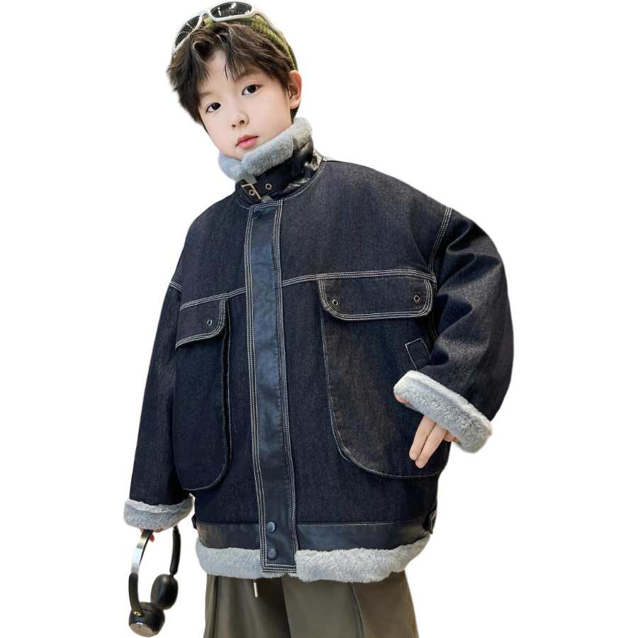 Lanza Casual Jacket Winter Thickened And Fleece Lined Trendy Patchwork Lapel Coat Navy Blue Teenagers