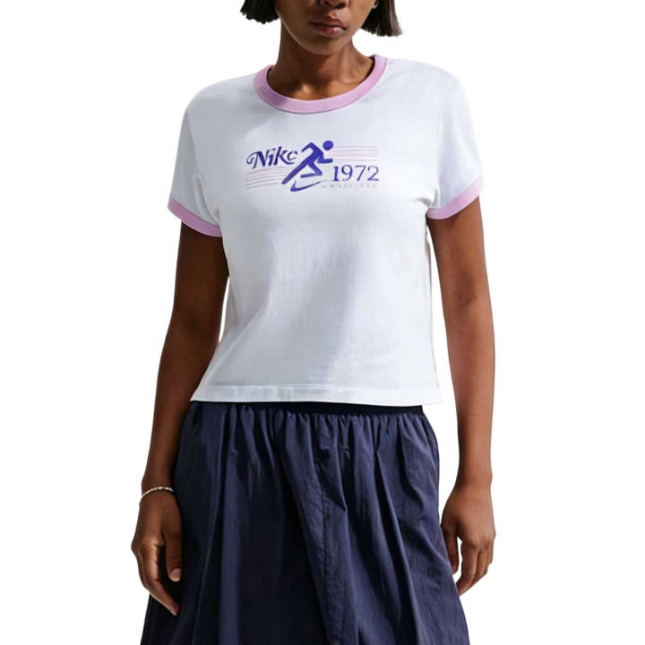 Nike Nike Sportswear T Shirts Women's White/Light Arctic Pink/Palamon Blue Crew Neck Moderate