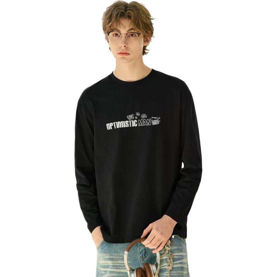 Tonlion T Shirts Unisex Black Crew Neck Moderate Straight Fit
