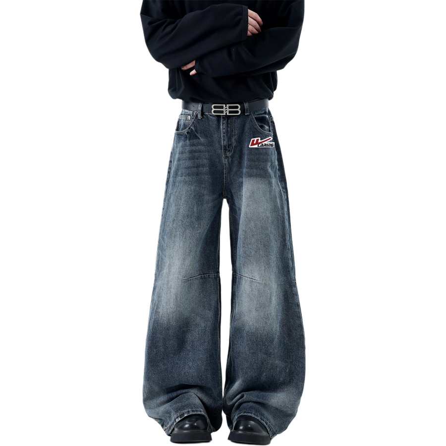 WARRIOR Jeans Unisex Blue Gray DIY Badge Moderate Wide Leg Pants
