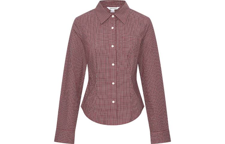 URBAN REVIVO Shirts Women's Dark Red Plaid Lapel Moderate Nipped In Waist