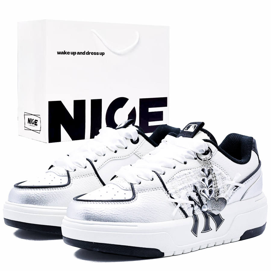 MLB Chunky Liner Cushioning Abrasion Resistant Cushioning, Wear Resistant Low top Skateboard Shoes Unisex Silver White