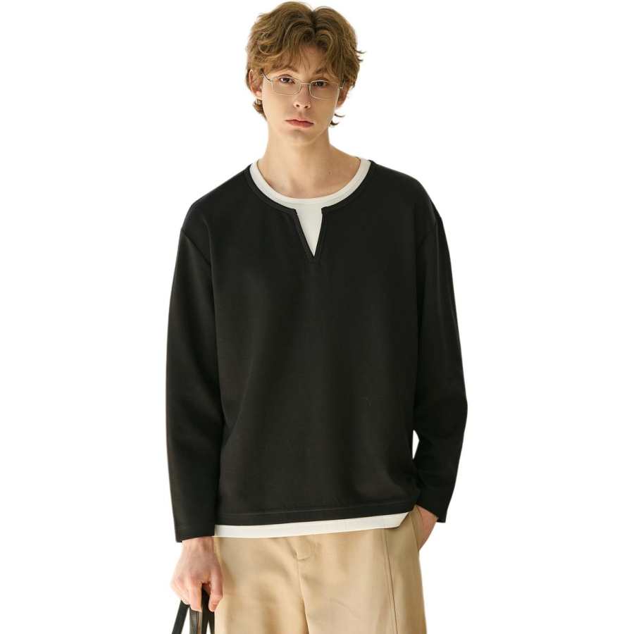 Tonlion T Shirts Unisex Black Crew Neck Moderate Mock Two Piece