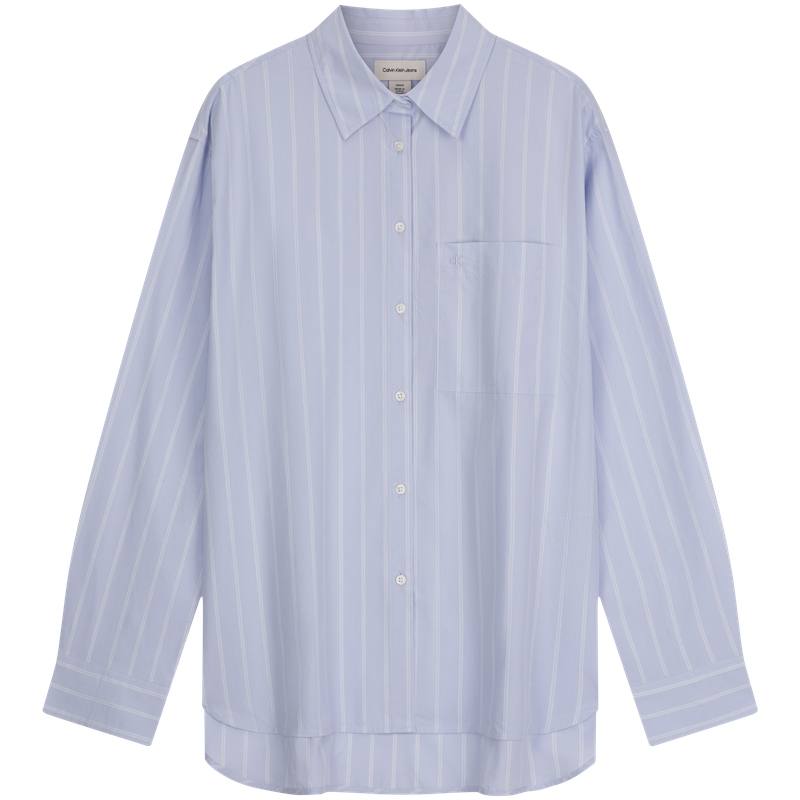 Calvin Klein Shirts Women's 3T4 Blue Base White Stripes Lapel Moderate