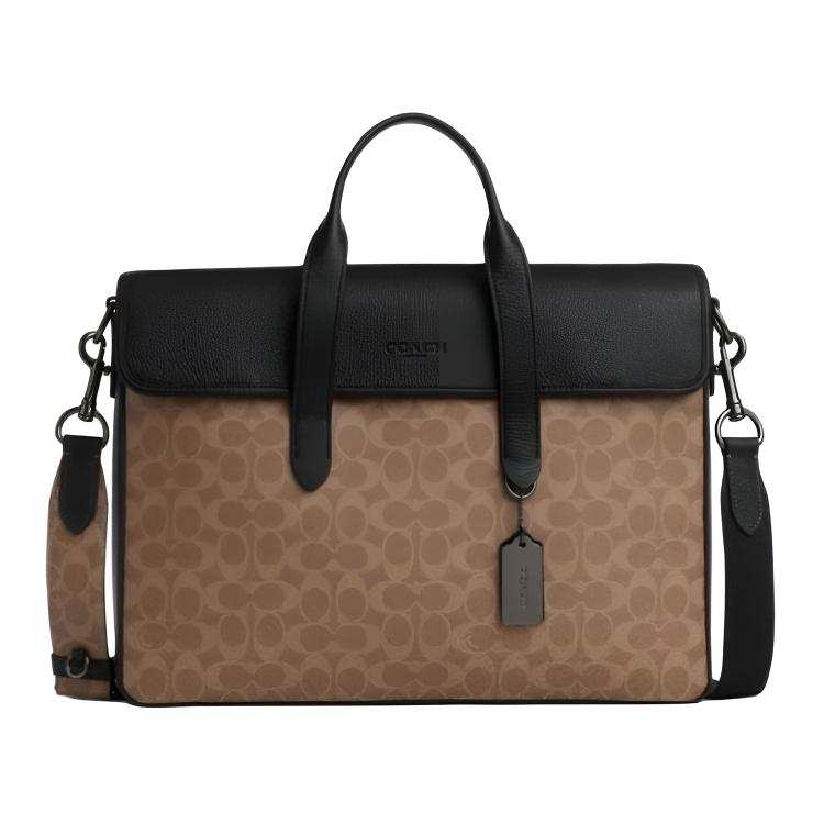 COACH COACH Sullivan Artificial Leather With Refined Pebbled Texture Briefcase Large Women's Tan & Black