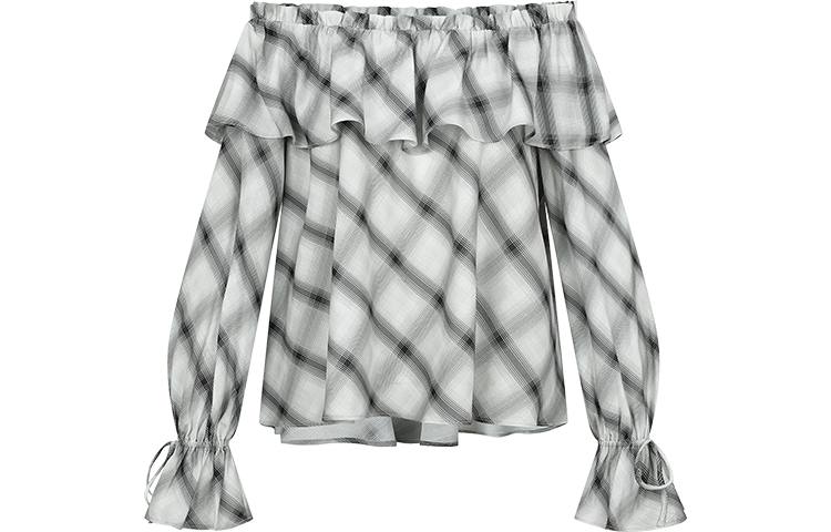 URBAN REVIVO Chiffon Shirts Women's Light Black Gray Plaid Boat Neck Moderate