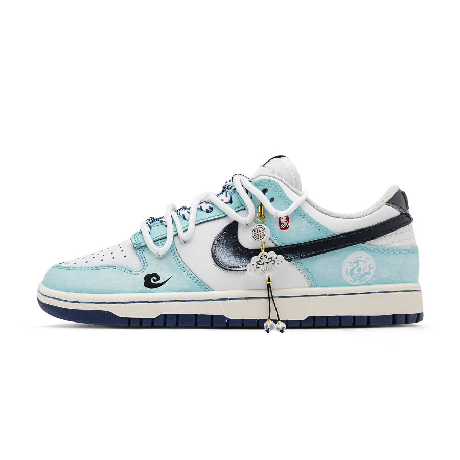 Nike Nike Dunk Azure Dragon Horse Leather Slip Resistant Slip Resistant Low top Skateboard Shoes Men's White Cyan
