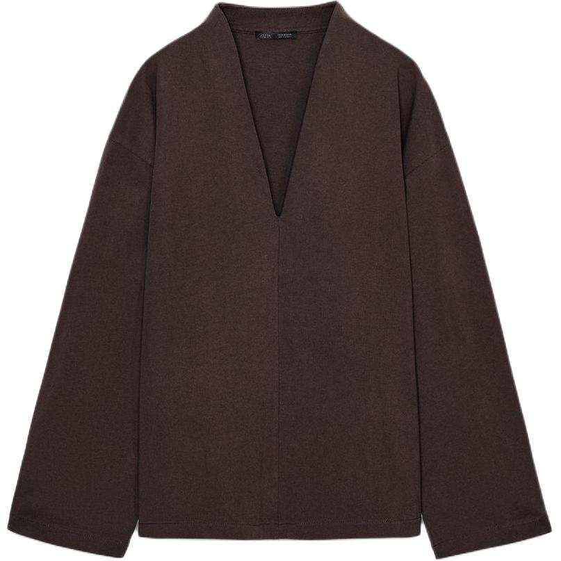 ZARA T Shirts Women's Chocolate V Neck Moderate Straight Fit