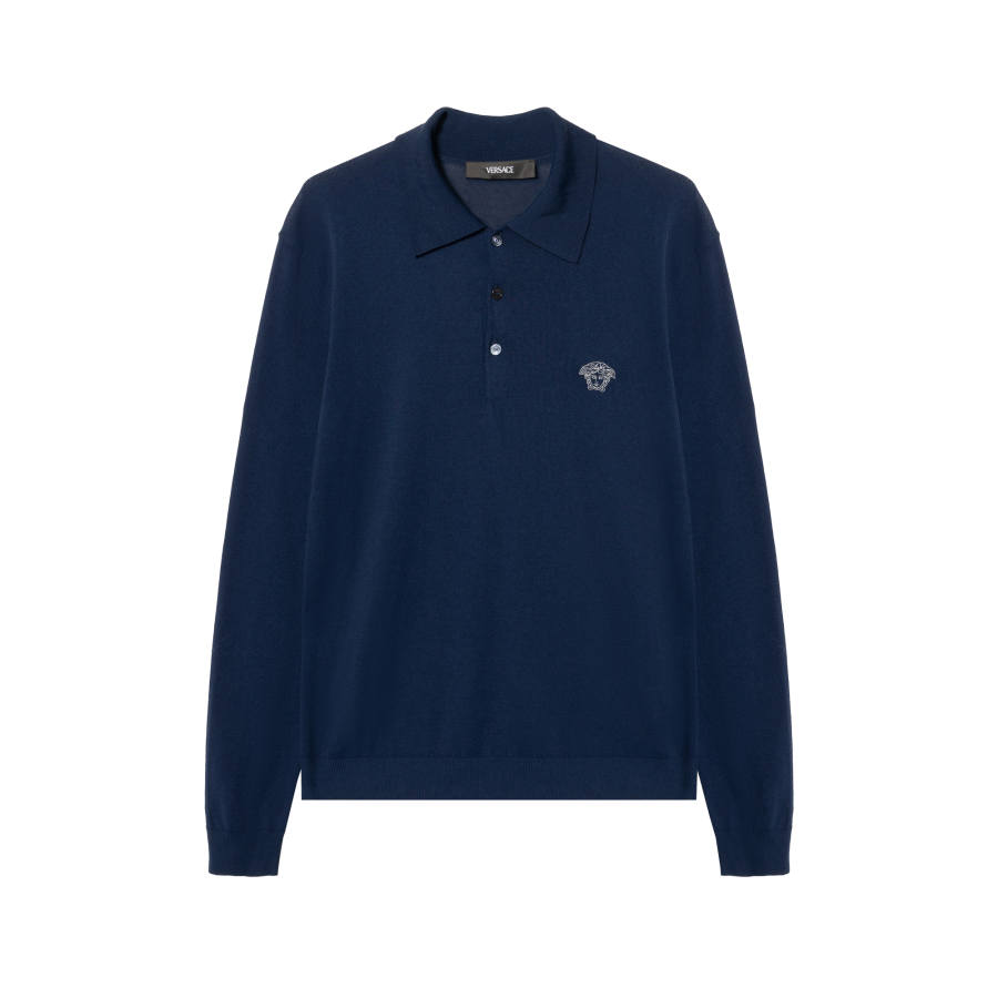 VERSACE Polo Shirts Men's Dark Blue Polo Collar Moderate Straight Fit