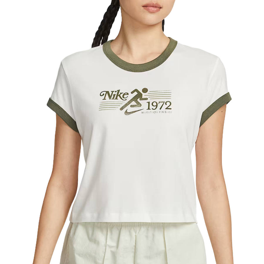 Nike Nike T Shirts Women's Sail White/Medium Olive Green/Medium Olive Green Crew Neck Moderate