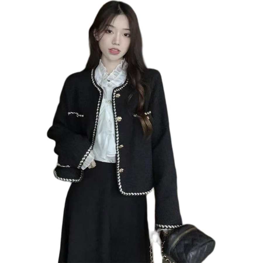 VENICEW Jackets Women's Black Crew Neck Moderate Chanel Inspired