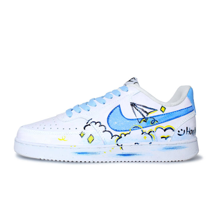 Nike Nike Court Vision 1 Synthetic Leather Hand Drawn Graffiti Low top Skateboard Shoes Unisex Sky Blue White