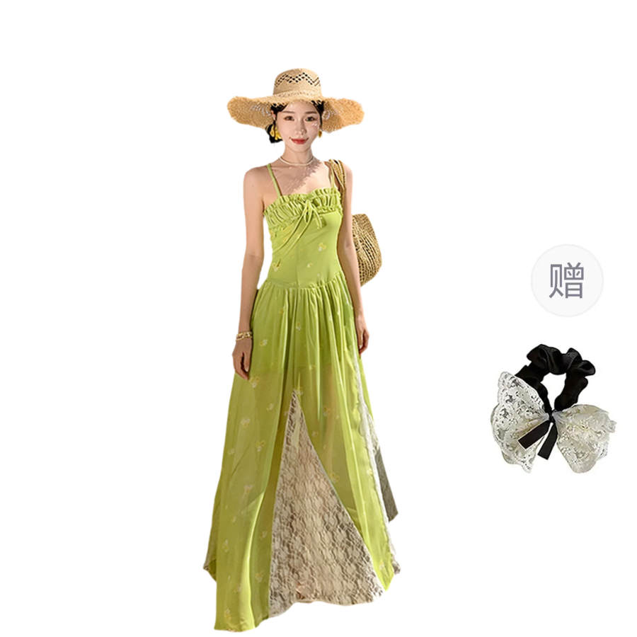 CPAURA Slip Dresses Women's Green+Hair Tie Included Moderate Long