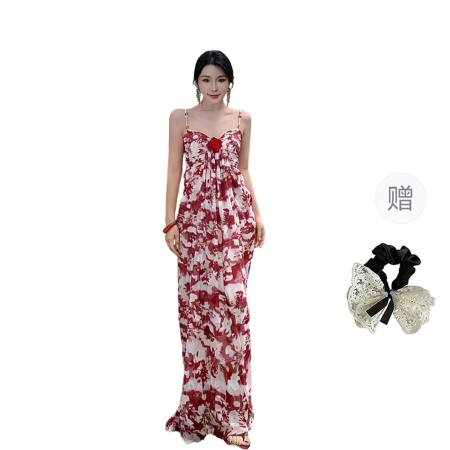 CPAURA Slip Dresses Women's Red Flower Color+Hair Tie Comes With V Neck Moderate Long