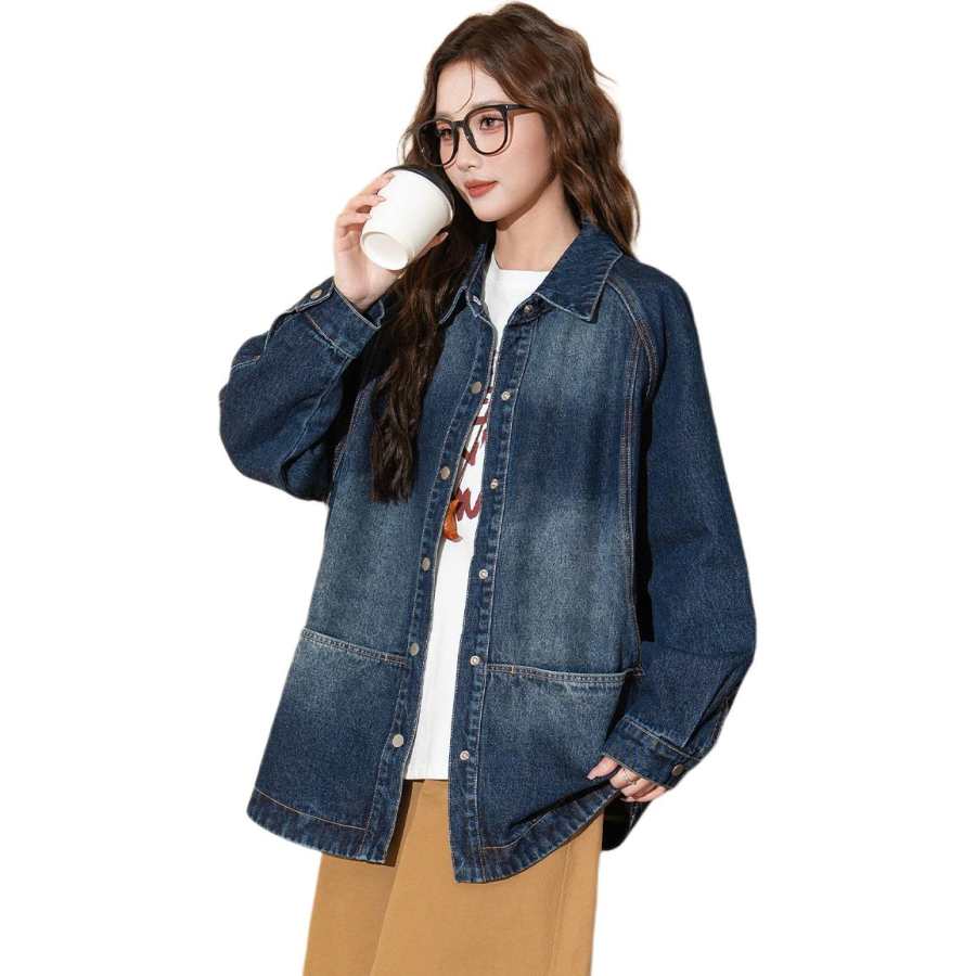 Tonlion Denim Jackets Women's Dark Blue Lapel Moderate Straight Fit