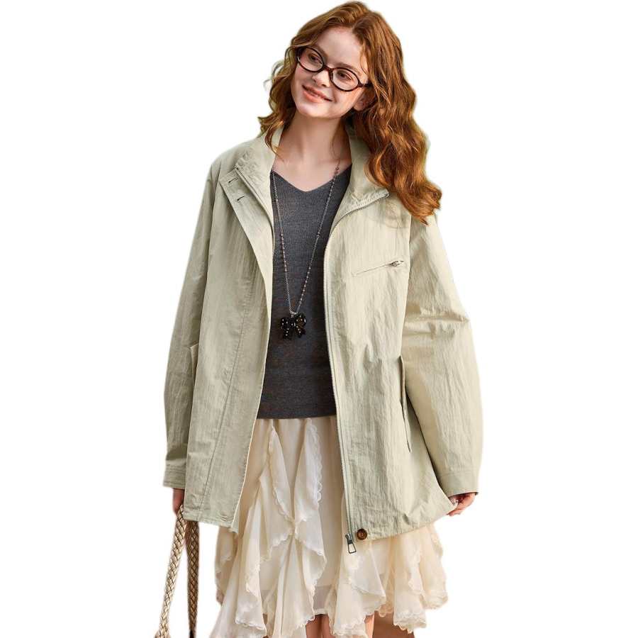 Tonlion Jackets Women's Tea Khaki Stand Collar Moderate Other
