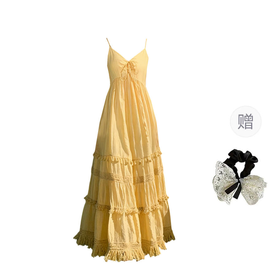 CPAURA Slip Dresses Women's Yellow+Hair Tie Comes With V Neck Moderate Long