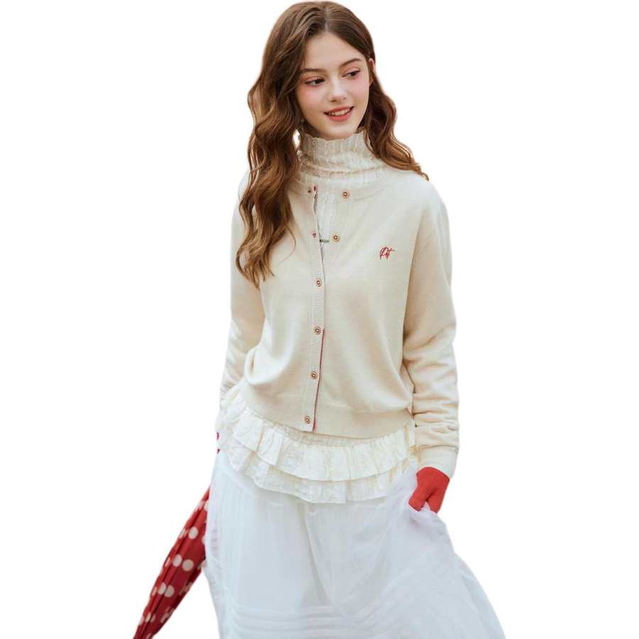 Tonlion Knitwear Women's Apricot Crew Neck Moderate Cardigan