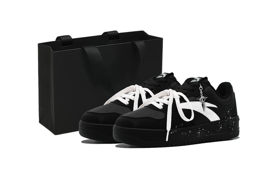 Anta Ink Splatter, Street Style, Preppy Look, Double Shoelaces Low top Skateboard Shoes Men's Matte Black White